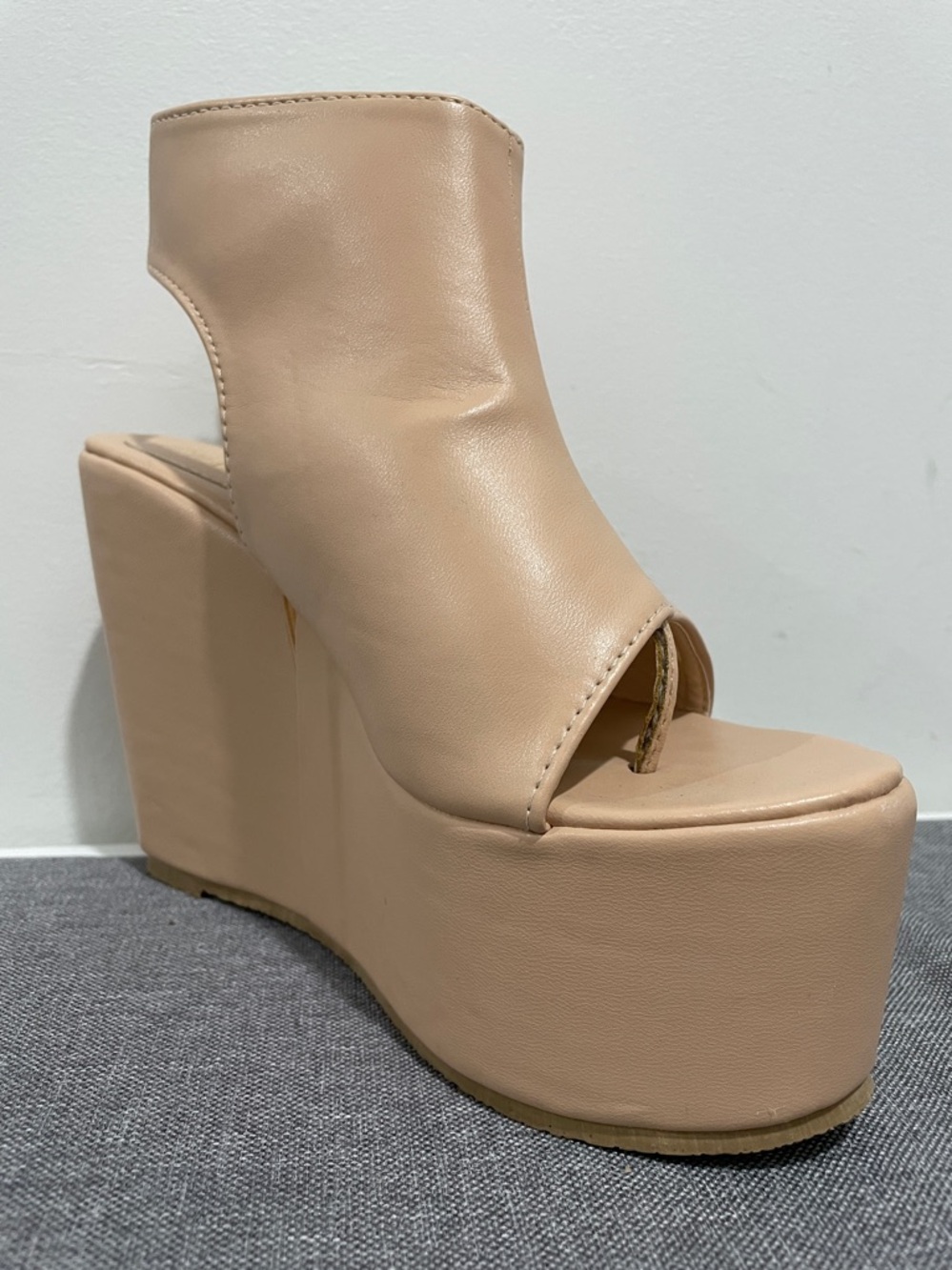 Camel vegan leather Blush Platform Wedge Peep-Toe Sandals Velcro ankle straps 39